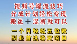 视频号爆流技巧，分成计划轻松变现，搬运 +混剪就可以，一个月轻松五位数稳定项目-小本创业副业项目推荐_零成本在家赚钱项目_中赚网