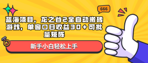 （13769期）蓝海项目，龙之谷2全自动搬砖游戏，单窗口日收益30＋可批量矩阵-小本创业副业项目推荐_零成本在家赚钱项目_中赚网