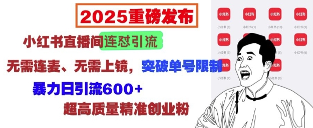 2025重磅发布：小红书直播间连怼引流，无需连麦、无需上镜，突破单号限制，暴力日引流600+-小本创业副业项目推荐_零成本在家赚钱项目_中赚网