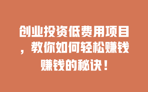 创业投资低费用项目，教你如何轻松赚钱赚钱的秘诀！-小本创业副业项目推荐_零成本在家赚钱项目_中赚网