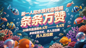 第一人称水族代言视频，条条万赞，20条作品涨粉8.5万，多种变现方式月，入五位数-小本创业副业项目推荐_零成本在家赚钱项目_中赚网