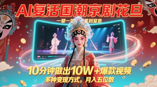 AI复活国潮京剧花旦，一颦一笑美到窒息，10分钟做出10W+爆款视频，多种变现方式，月入五位数-小本创业副业项目推荐_零成本在家赚钱项目_中赚网