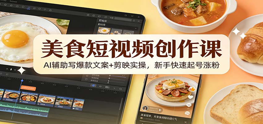 美食短视频创作课：AI辅助写爆款文案+剪映实操，新手快速起号涨粉-小本创业副业项目推荐_零成本在家赚钱项目_中赚网