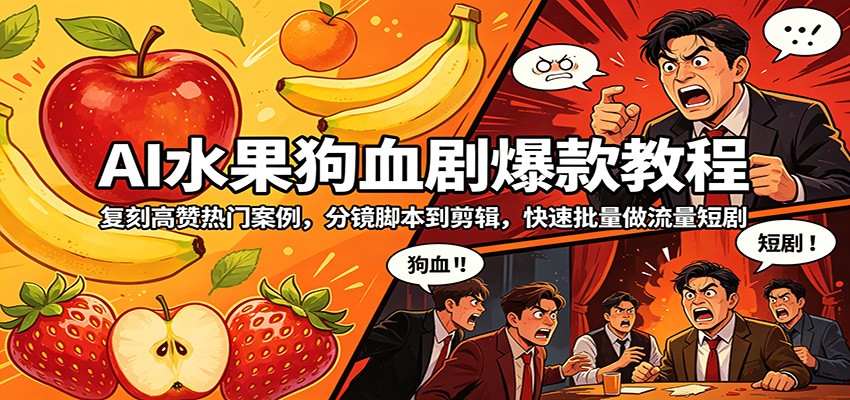 AI水果狗血剧爆款教程：复刻高赞热门案例，分镜脚本到剪辑，快速批量做流量短剧-小本创业副业项目推荐_零成本在家赚钱项目_中赚网