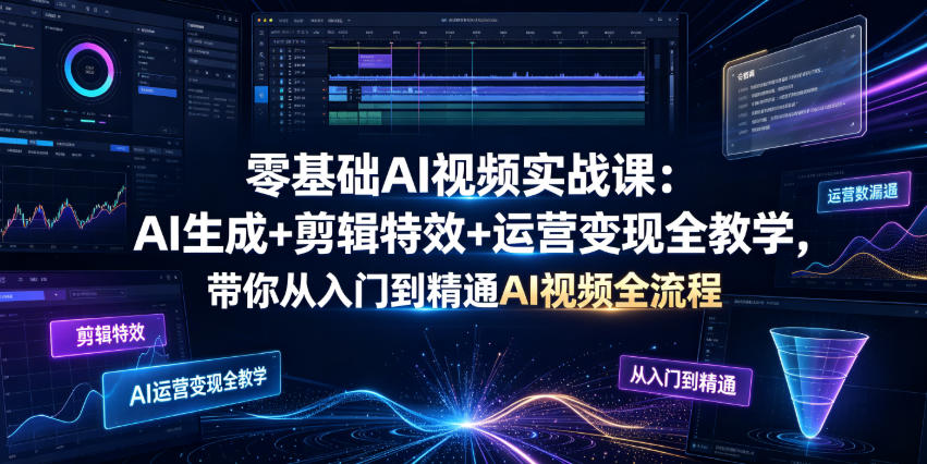 零基础AI视频实战课：AI生成+剪辑特效+运营变现全教学，带你从入门到精通AI视频全流程-小本创业副业项目推荐_零成本在家赚钱项目_中赚网