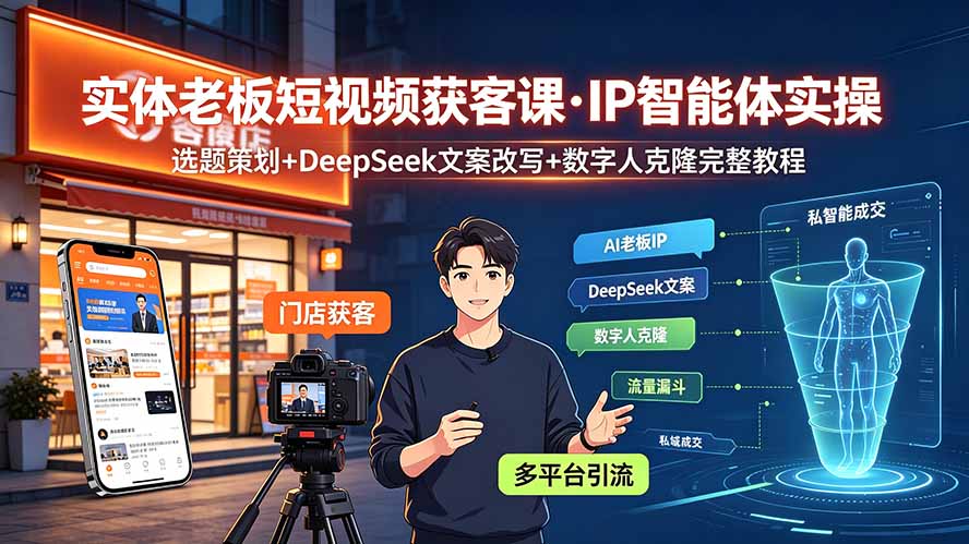实体老板短视频获客课·IP智能体实操｜选题策划+DeepSeek文案改写+数字人克隆完整教程-小本创业副业项目推荐_零成本在家赚钱项目_中赚网