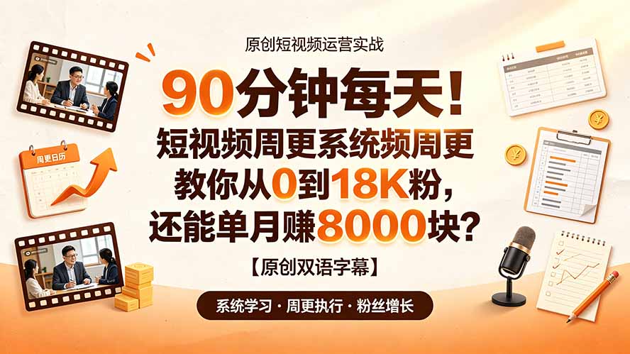 90 分钟每天！短视频周更系统教你从 0 到 18K 粉，还能单月赚 8000 块？【原创双语字幕】-小本创业副业项目推荐_零成本在家赚钱项目_中赚网