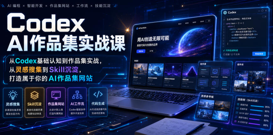 Codex AI作品集实战课，从Codex基础认知到作品集实战，从灵感搜集到Skill沉淀，打造属于你的AI作品集网站-小本创业副业项目推荐_零成本在家赚钱项目_中赚网