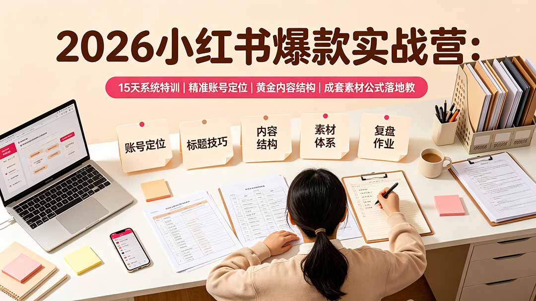 2026小红书爆款实战营：15天系统特训｜精准账号定位｜黄金内容结构｜成套素材公式落地教程-小本创业副业项目推荐_零成本在家赚钱项目_中赚网