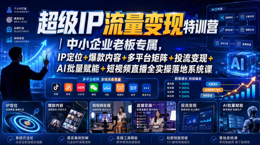 超级IP流量变现特训营｜中小企业老板专属，IP定位+爆款内容+多平台矩阵+投流变现+AI批量赋能+短视频直播全实操落地系统课-小本创业副业项目推荐_零成本在家赚钱项目_中赚网