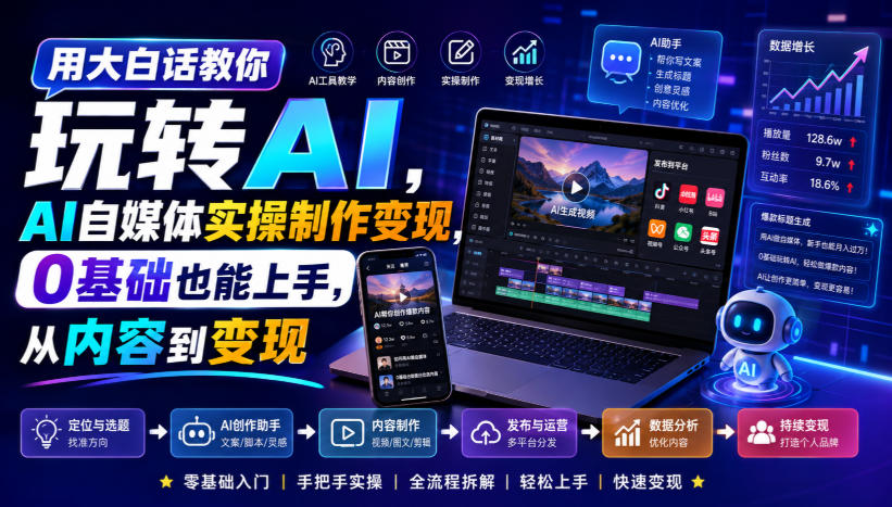 用大白话教你玩转AI，AI自媒体实操制作变现，0基础也能上手，从内容到变现-小本创业副业项目推荐_零成本在家赚钱项目_中赚网