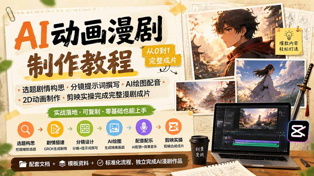 AI动画漫剧制作教程｜选题剧情构思·分镜提示词撰写·AI绘图配音·2D动画制作·剪映实操完成完整漫剧成片-小本创业副业项目推荐_零成本在家赚钱项目_中赚网