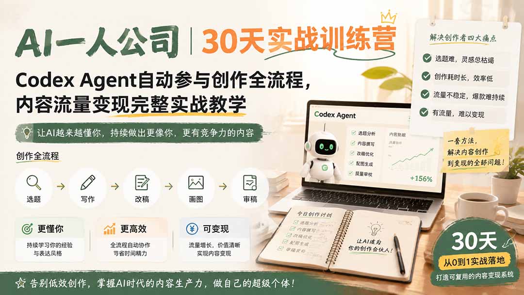 AI一人公司｜30天实战训练营；Codex Agent自动参与创作全流程，内容流量变现完整实战教学-小本创业副业项目推荐_零成本在家赚钱项目_中赚网