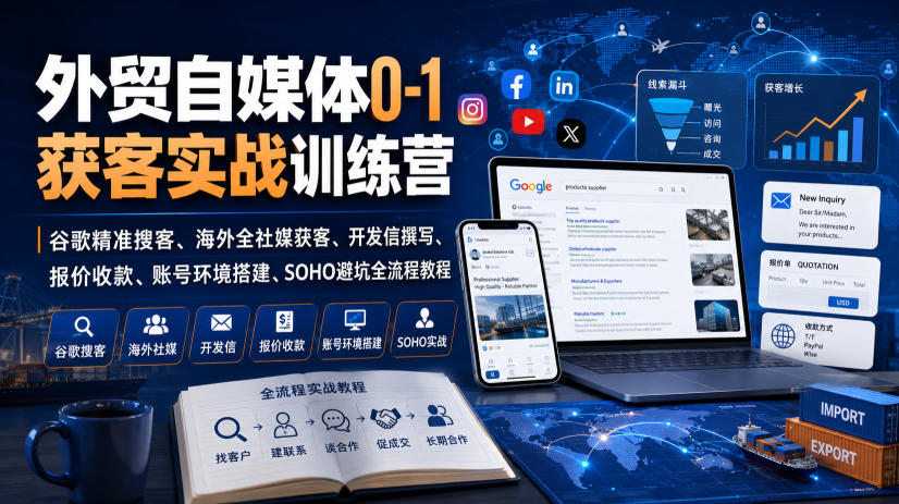 外贸自媒体0-1获客实战训练营｜谷歌精准搜客、海外全社媒获客、开发信撰写、报价收款、账号环境搭建、SOHO避坑全流程教程-小本创业副业项目推荐_零成本在家赚钱项目_中赚网