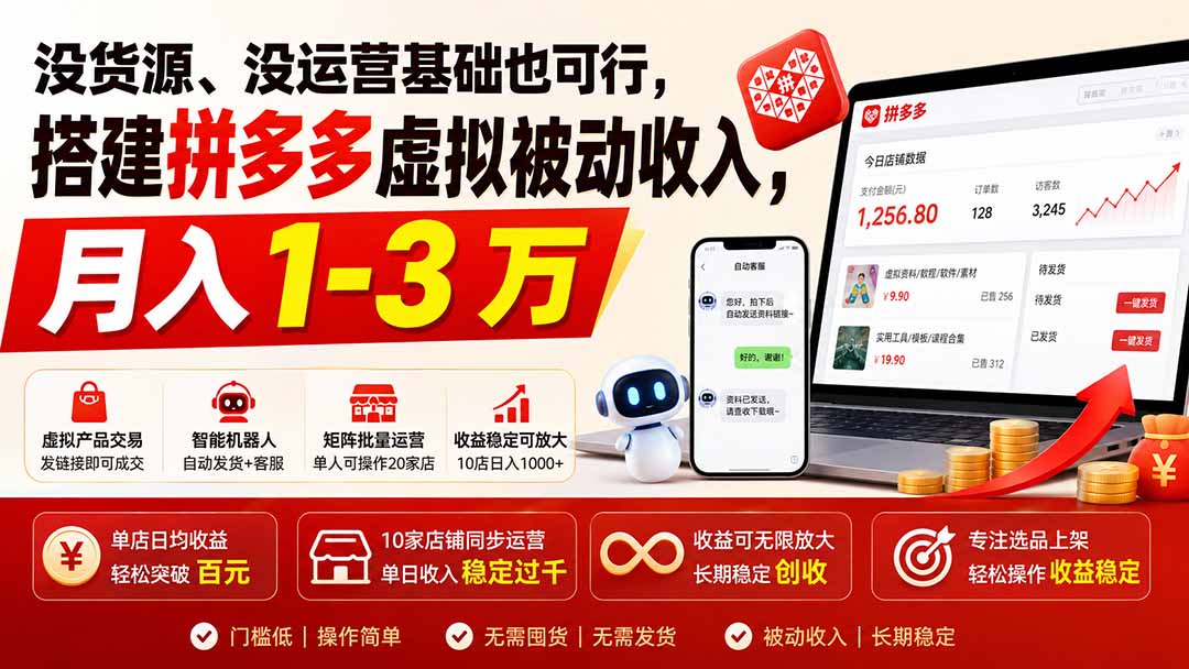 没货源、没运营基础也可行，搭建多多虚拟被动收入，月入 1-3 万-小本创业副业项目推荐_零成本在家赚钱项目_中赚网