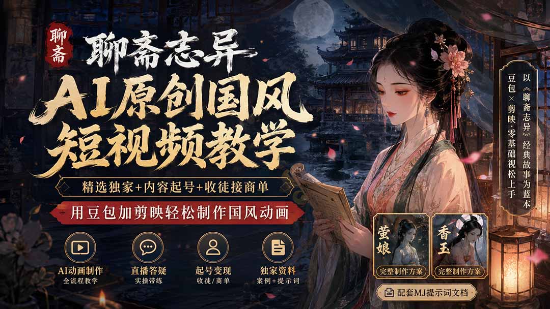 聊斋志异AI原创国风短视频教学；精选独家+内容起号+收徒接商单，用豆包加剪映轻松制作国风动画-小本创业副业项目推荐_零成本在家赚钱项目_中赚网