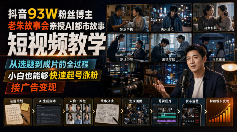 抖音93W粉丝博主老朱故事会亲授AI都市故事短视频教学，从选题到成片的全过程，小白也能够快速起号涨粉接广告变现-小本创业副业项目推荐_零成本在家赚钱项目_中赚网