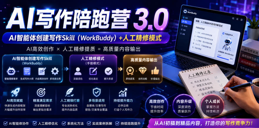 AI写作陪跑营3.0，Ai智能体创建写作skill(workbuddy)+人工手写模式(手搓模式)，去除AI痕迹(头条号、公众号、百家号)(更新0814)-小本创业副业项目推荐_零成本在家赚钱项目_中赚网