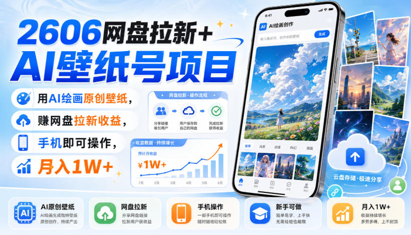 2606网盘拉新+AI壁纸号项目，用AI绘画原创壁纸，賺网盘拉新收益，手机即可操作，月入1W+-小本创业副业项目推荐_零成本在家赚钱项目_中赚网