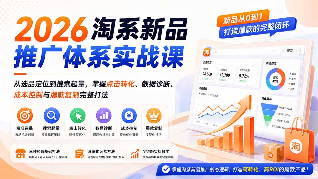2026淘系新品推广体系实战课：从选品定位到搜索起量，掌握点击转化、数据诊断、成本控制与爆款复制完整打法-小本创业副业项目推荐_零成本在家赚钱项目_中赚网