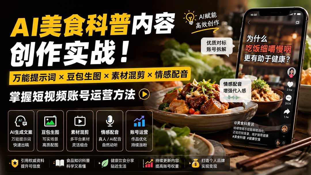 外面卖199元-AI美食科普内容创作实战！万能提示词×豆包生图×素材混剪×情感配音，掌握短视频账号运营方法-小本创业副业项目推荐_零成本在家赚钱项目_中赚网