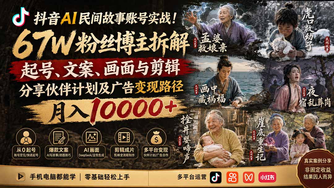 抖音AI民间故事账号实战！67W粉丝博主拆解起号、文案、画面与剪辑，分享伙伴计划及广告变现路径，月入10000+-小本创业副业项目推荐_零成本在家赚钱项目_中赚网