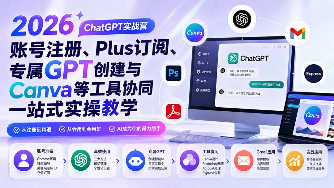 2026 ChatGPT实战营；账号注册、Plus订阅、专属GPT创建与Canva等工具协同一站式实操教学-小本创业副业项目推荐_零成本在家赚钱项目_中赚网