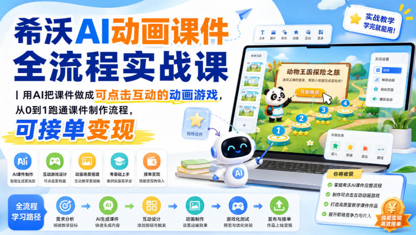 希沃AI动画课件全流程实战课｜用AI把课件做成可点击互动的动画游戏，从0到1跑通课件制作流程，可接单变现-小本创业副业项目推荐_零成本在家赚钱项目_中赚网