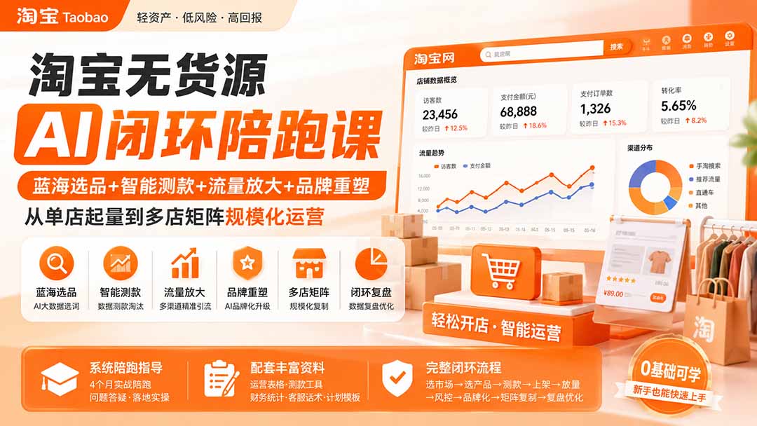 淘宝无货源AI闭环陪跑课：蓝海选品+智能测款+流量放大+品牌重塑，从单店起量到多店矩阵规模化运营-小本创业副业项目推荐_零成本在家赚钱项目_中赚网