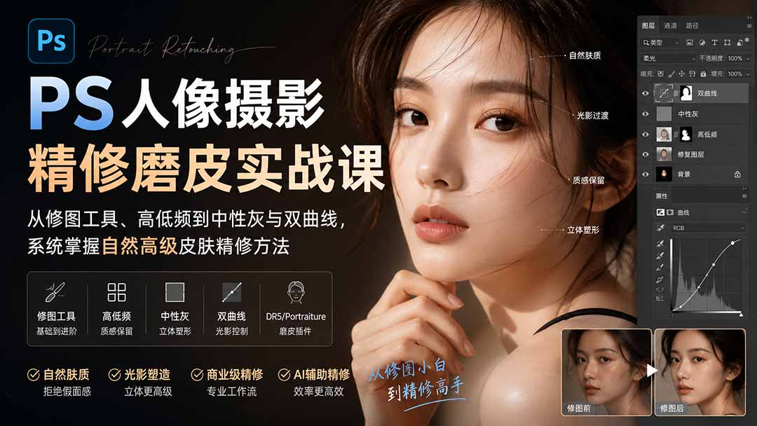 PS人像摄影精修磨皮实战课：从修图工具、高低频到中性灰与双曲线，系统掌握自然高级皮肤精修方法-小本创业副业项目推荐_零成本在家赚钱项目_中赚网