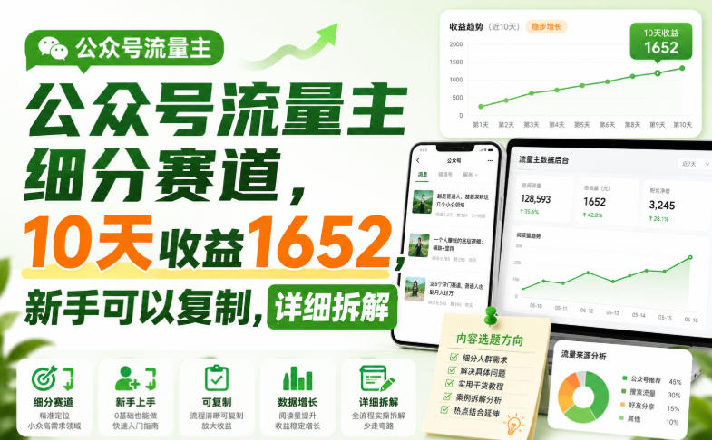 公众号流量主细分赛道，10天收益1652，新手可以复制，详细拆解-小本创业副业项目推荐_零成本在家赚钱项目_中赚网