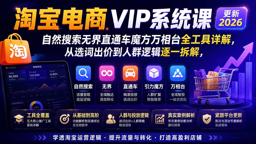 2026淘宝电商终局之战VIP课-更新：自然搜索+直通车+无界+精准人群，系统掌握测款动销与全店推广布局方法-小本创业副业项目推荐_零成本在家赚钱项目_中赚网