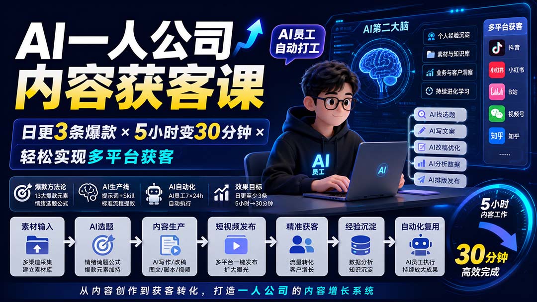 AI一人公司内容获客课-更新8月：日更3条爆款×5小时变30分钟×AI员工自动打工，轻松实现多平台获客-小本创业副业项目推荐_零成本在家赚钱项目_中赚网