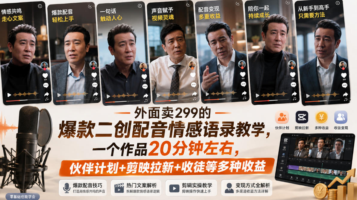 外面卖299的爆款二创配音情感语录教学，一个作品20分钟左右，伙伴计划+剪映拉新+收徒等多种收益-小本创业副业项目推荐_零成本在家赚钱项目_中赚网