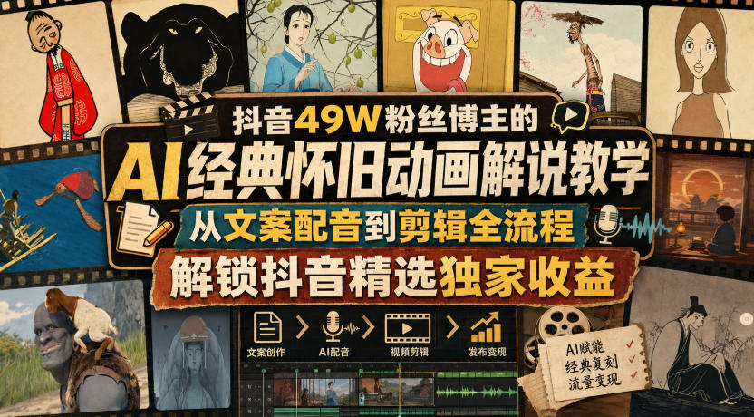 抖音49W粉丝博主的AI经典怀旧动画解说教学，从文案配音到剪辑全流程，解锁抖音精选独家收益-小本创业副业项目推荐_零成本在家赚钱项目_中赚网