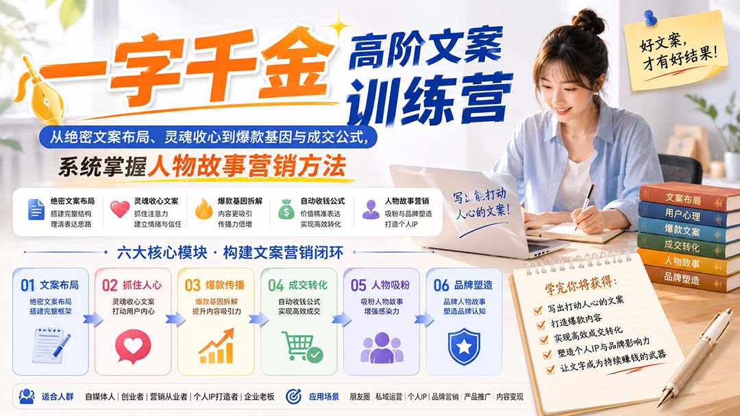 一字千金高阶文案训练营：从绝密文案布局、灵魂收心到爆款基因与成交公式，系统掌握人物故事营销方法-小本创业副业项目推荐_零成本在家赚钱项目_中赚网