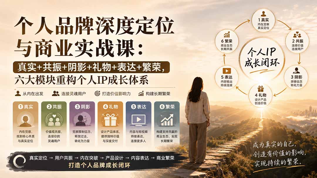 个人品牌深度定位与商业实战课：真实+共振+阴影+礼物+表达+繁荣，六大模块重构个人IP成长体系-小本创业副业项目推荐_零成本在家赚钱项目_中赚网