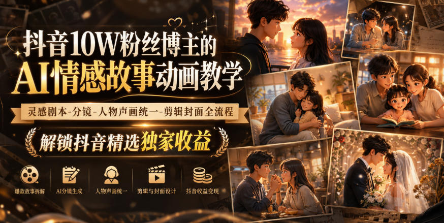 抖音10W粉丝博主的AI情感故事动画教学，灵感剧本‑分镜‑人物声画统一‑剪辑封面全流程，解锁抖音精选独家收益-小本创业副业项目推荐_零成本在家赚钱项目_中赚网