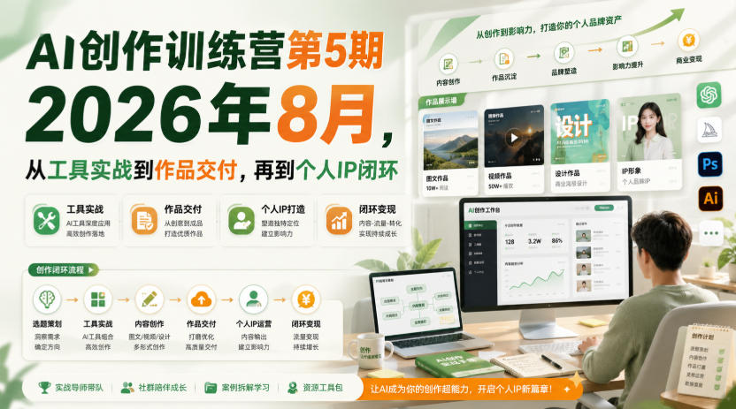 AI创作训练营第5期2026年8月，从工具实战到作品交付，再到个人IP闭环-小本创业副业项目推荐_零成本在家赚钱项目_中赚网