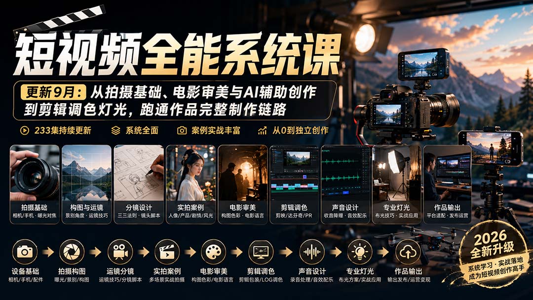 短视频全能系统课-更新8月233集：从拍摄基础、电影审美与AI辅助创作到剪辑调色灯光，跑通作品完整制作链路-小本创业副业项目推荐_零成本在家赚钱项目_中赚网