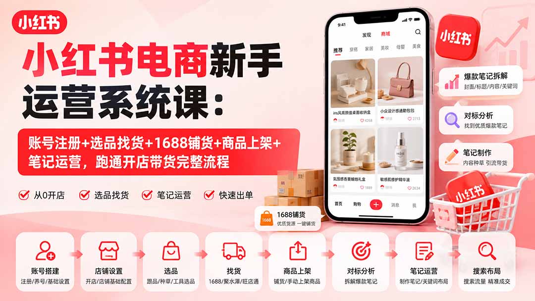 小红书电商新手运营系统课：账号注册+选品找货+1688铺货+商品上架+笔记运营，跑通开店带货完整流程-小本创业副业项目推荐_零成本在家赚钱项目_中赚网