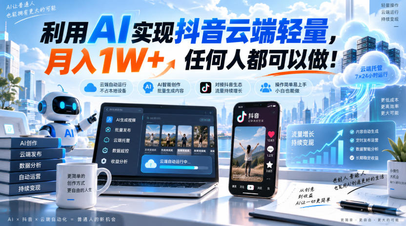 利用AI实现抖音云端轻量，月入1W+，任何人都可以做！【揭秘】-小本创业副业项目推荐_零成本在家赚钱项目_中赚网