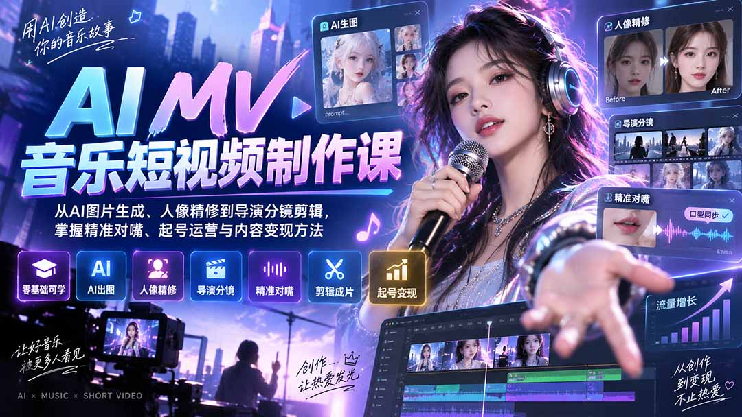 AI MV音乐短视频制作课：从AI图片生成、人像精修到导演分镜剪辑，掌握精准对嘴、起号运营与内容变现方法-小本创业副业项目推荐_零成本在家赚钱项目_中赚网