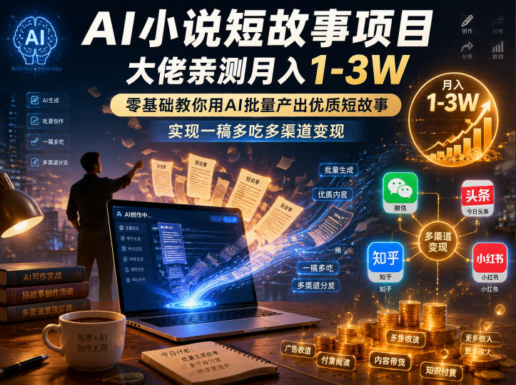 AI小说短故事项目，大佬亲测月入1-3W，零基础教你用AI批量产出优质短故事，实现一稿多吃多渠道变现(更新0910)-小本创业副业项目推荐_零成本在家赚钱项目_中赚网