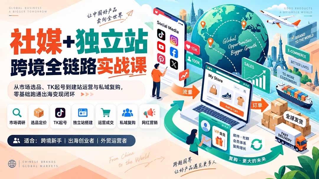 社媒+独立站跨境全链路实战课：从市场选品、TK起号到建站运营与私域复购，零基础跑通出海变现闭环-小本创业副业项目推荐_零成本在家赚钱项目_中赚网