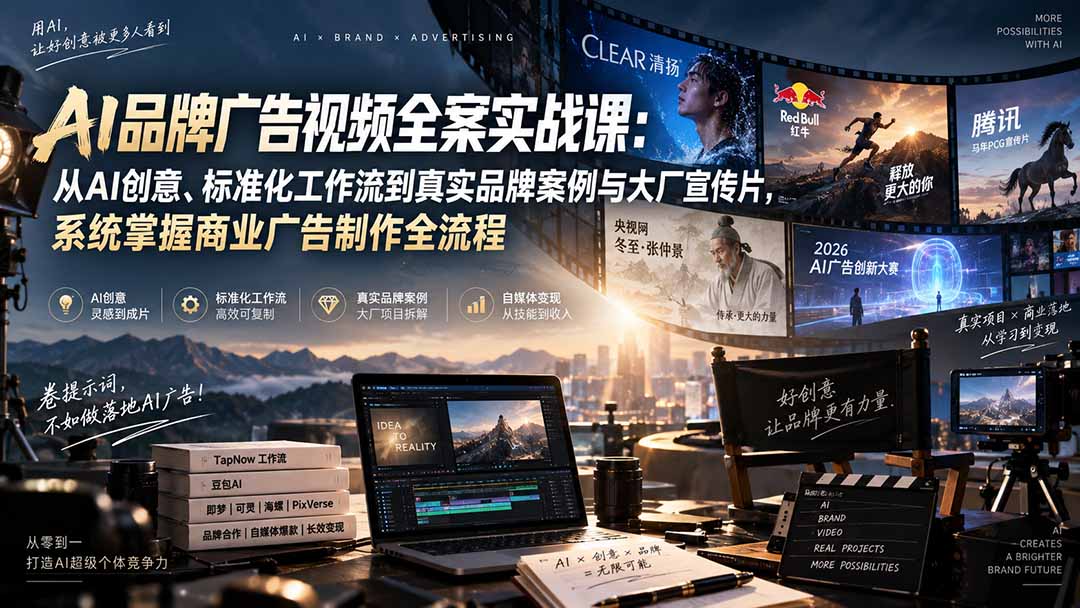AI品牌广告视频全案实战课：从AI创意、标准化工作流到真实品牌案例与大厂宣传片，系统掌握商业广告制作全流程-小本创业副业项目推荐_零成本在家赚钱项目_中赚网