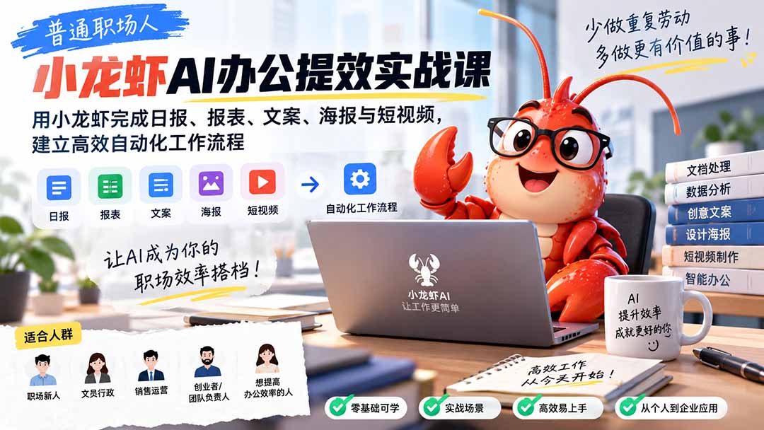 普通职场人AI办公提效实战课：用小龙虾完成日报、报表、文案、海报与短视频，建立高效自动化工作流程-小本创业副业项目推荐_零成本在家赚钱项目_中赚网