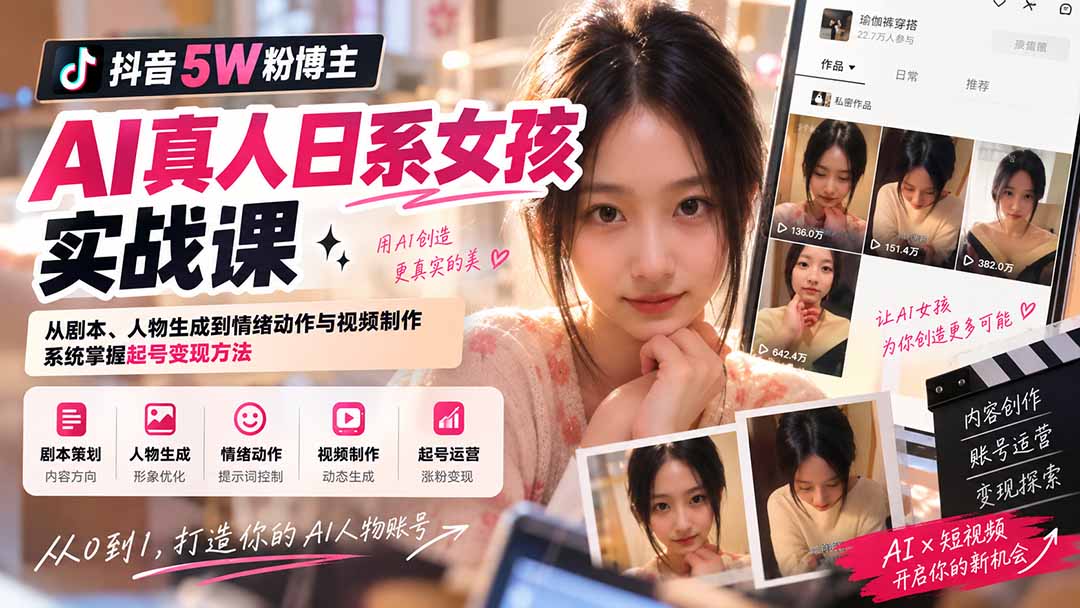 抖音5W粉博主AI真人日系女孩实战课：从剧本、人物生成到情绪动作与视频制作，系统掌握起号变现方法-小本创业副业项目推荐_零成本在家赚钱项目_中赚网