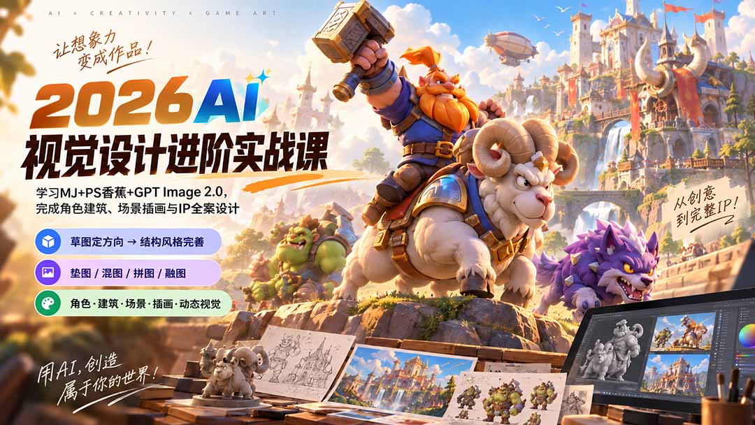 2026AI视觉设计进阶实战课-更新：学习MJ+PS香蕉+GPT Image 2.0，完成角色建筑、场景插画与IP全案设计-小本创业副业项目推荐_零成本在家赚钱项目_中赚网