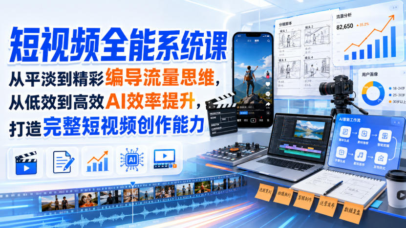 短视频全能系统课，从平淡到精彩编导流量思维，从低效到高效AI效率提升，打造完整短视频创作能力(完整版)-小本创业副业项目推荐_零成本在家赚钱项目_中赚网